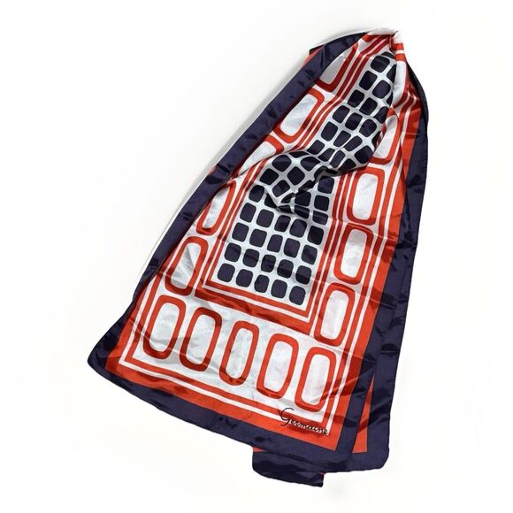 Vintage Head Neck Scarf JS Germain Red White Blue Geometric Retro Made In Italy - Picture 1 of 9